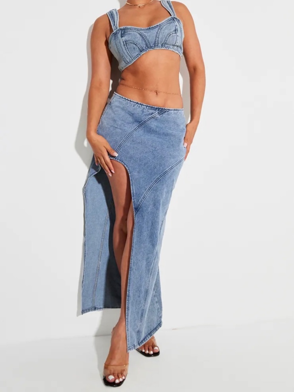Prettylittlething PLT Shape Light Blue Denim Seam Detail High Split Maxi Skirt